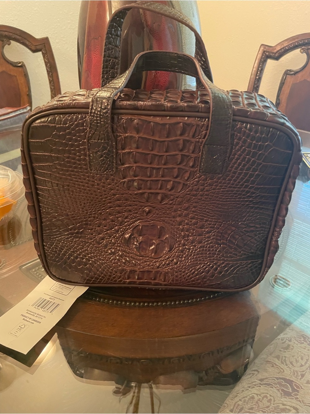 Brown Croc-Embossed Makeup Bag